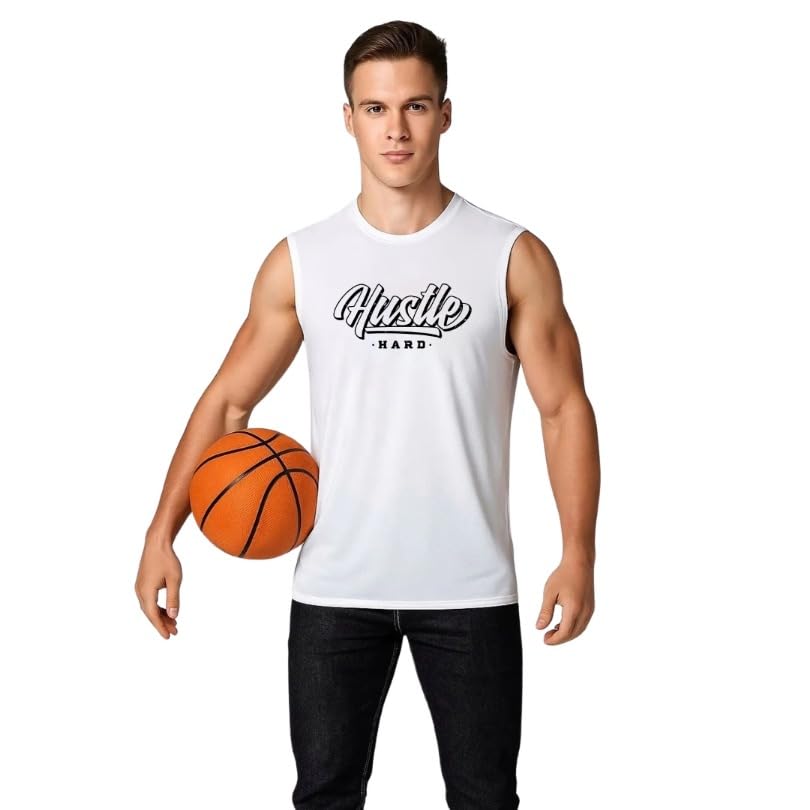 Men's Sleeveless Tank Top, White, Polycotton, Hustle Hard Printed Gym Vest-image-10