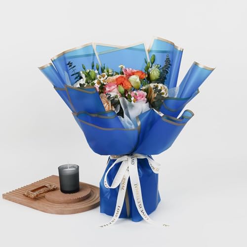 Image of Zarwani - 5 Sheets Korean Style Waterproof Royal Blue Bouquet Wrapping Paper (58cm x 58cm, 60 Microns) | Border Design, Giftwrap for Flowers & Christmas Gift Wrapping Paper (5, Gold Border R Blue)