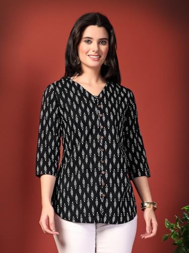 Image of Women's Black Printed Cotton Kurti Top | Stylish Ethnic Wear Kurta for Office, Casual 3 /4 Sleeve Button Front Tunic