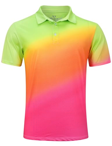 uideazone Mens Neon Golf Shirt Athletic Slim Fit Polo Shirts Bright Color Gradient Golf Short Sleeve Shirts Performance Polos
