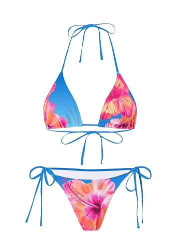 Image of ZAFUL Women's 3 Piece Swimsuit Floral Halter Triangle String Bikini Tie Side Bottom with Boho Cover Up Skirt