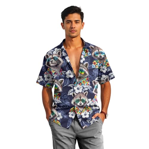HANDICHI Design Cool Raccoon Hawaiian Shirt for Men – Funny Tropical Aloha Button Down with Sunglasses, Summer Party Beach Shirt