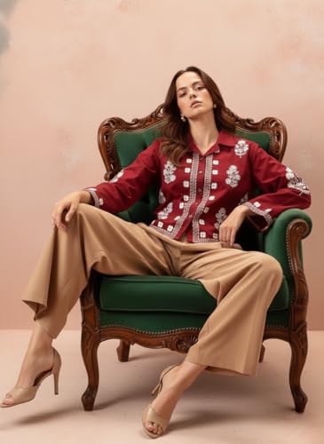 Image of Bee M Pee Designer Women's Embroidered Korean Crop Shirt | Full Bell Sleeves Western Tops for Woman Stylish | Oversized Formal /Casual /Office Wear Cotton Shirts Top for Women