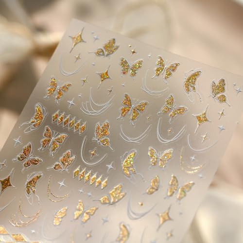 Image of Gold Butterfly Nail Stickers for Nail Art Glitter Nail Decals Shiny 5D Embossed Self Adhesive Nails Art Stickers for Women Manicure Decoration Accessories Supply