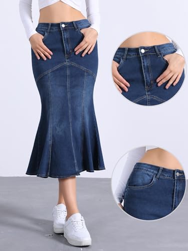 Allegra K Fishtail Denim Skirt for Women's Casual High Waisted Bodycon Midi Jean Skirts2