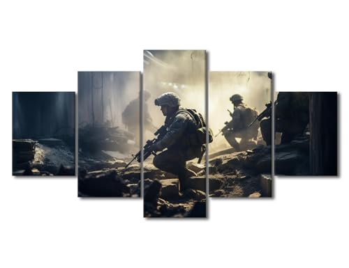 Décoration murale sur toile militaire combat de 5 panneaux encadrés grand format pour salon