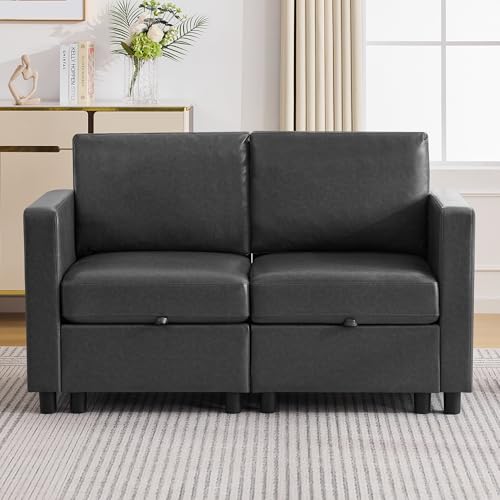 CACFTII 58" Faux Leather Storage Loveseat Sofa, Modern Modular Love Seat Couch with Pillow, Deep Seat Leather Modular Sectional Sofa, 2 Seater Storage Couch for Livingroom, Bedroom, Small Space, Grey