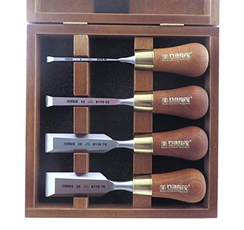 Narex 853750 4 Pc Set 6 Mm (1/4) , 12 Mm (1/2) , 20 Mm (11/16) , 26 Mm (1-1/16) Butt Woodworking Chisels In Wooden Presentation Box 853750 thumb #1