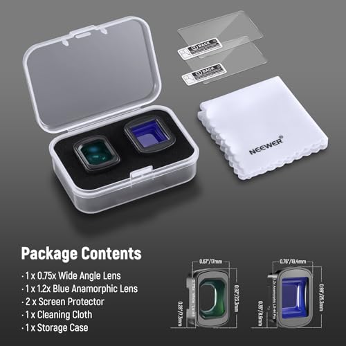 NEEWER Objektiv Set kompatibel mit DJI Osmo Pocket 3 Creator Combo Zubehör, 0,75X Weitwinkel (108° FOV) + 1,2X blaues anamorphotisches Objektive Kit für Kinoeffekte + 2 Displayschutzfolien, FL-C02