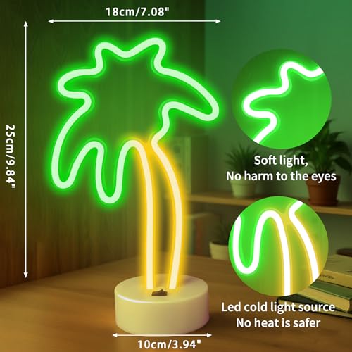 Image of LED Palm Tree Neon Sign - Battery /USB Powered Coconut Tree Light with Stand, Palm Tree Lights Tabletop Lamp for Bedroom, Tropical Hawaiian Tiki Bar Decor, Perfect for Luau Parties & Birthday Gifts