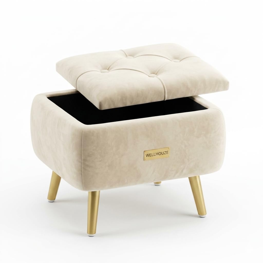 Upholstered Storage Ottoman 16" x 12" x 14"Inches with Gold Metal Legs Button-Tufted Velvet Fabric Footstool for Home,Livingroom Bedroom & Makeup Vanity Stool/Creem-image-44