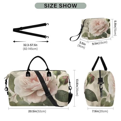 Large Travel Duffel Bag, Retro White Floral Sport Tote Gym Bag, Shoulder Weekender Overnight Bag for Women Men, Carry On Luggage with Toiletry Bag3