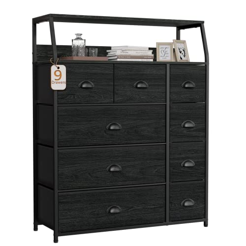 Furnulem 9 Drawer Dresser With Shelf, Fabric Black Dresser For Bedroom, Closet, Living Room, Entryway, Tall Chest Storage Organizer Tower, Wooden Top, Metal Frame, Industrial Style (Black Oak) #TOP23