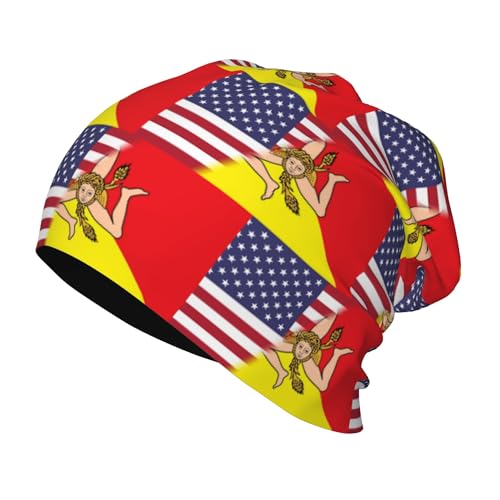 American Flag and Sicilian Flag Kids Leisure Elastic Knitted Hat Junior Large Size Knit Cap Child Beanie Black