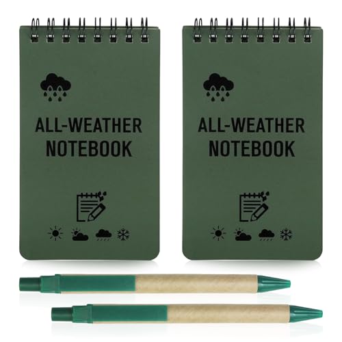 Azoisuwr 2 Pcs Waterproof Notepad with Top-Spiral 2.99×5in Mini Waterproof Notepad with 2 Pcs Kraft Paper Pen Reusable Pocket Notepad Mini Notebook for Outdoor Office School ect. (Green)