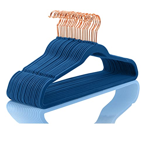 Image of MIZGI Premium Velvet Hangers (Pack of 50) Heavy Duty Non-Slip Space Saving Clothes Hangers Dark Blue - Rose Gold Hooks