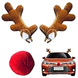 Reno Antlers Car Kit Algodón - Decoraciones de Coche de Navidad, Accesorios de Invierno | Cómodos Cuernos de Peluche, decoración de Nariz, Pinzas de Montar seguras, Regalos Reutilizables para