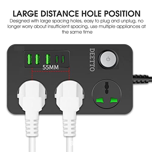 Image of Extension Board, Power Strip with 20W Fast PD /Type C, 2500W 10A Extension Cord with 3 Universal Socket, 38W USB Fast Charging Ports (2 * 20W PD+3*QC 3.0) for Home Office