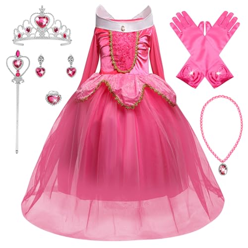 YOSICIL Disfraz de Bella Disfraces de Princesa Aurora Manga Larga Vestido de Princesa de Bella Durmiente Disfraz Accesorios Traje de Fiesta Carnaval Cumpleaños Regalo Navidad Halloween,Rosa 120