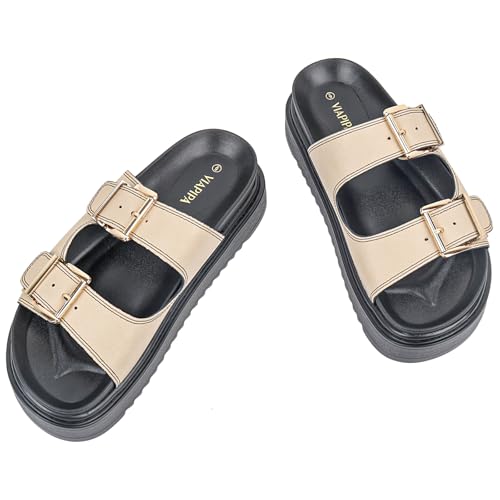 Image of Chunky Platform Sandals for Women, Waterproof Non-Slip Rubber Sole, Adjustable Double Buckle, Arch Support Open Toe Slide Sandals, Comfortable Black Wedge Sandals for Women