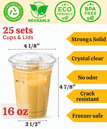 Aestleaf 16 oz Clear Plastic Cups with Sip-Lids, 25 Sets Disposable Plastic Iced Coffee Cups with Strawless Lids, To Go Coffee Cups for Smoothie, Milkshake, Cold Drinks