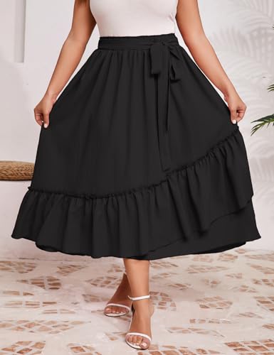 Wealywa Women's Summer High Waist Skirt Boho Tie Knot Maxi Skirt for Women Casual Beach Ruffled Swing A line Skirts Plus Size Black 2XL — view 5