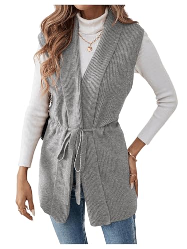 Verdusa Women's Open Front Drawstring Waist Knit Cardigan Vest V Neck Sleeveless Outerwear