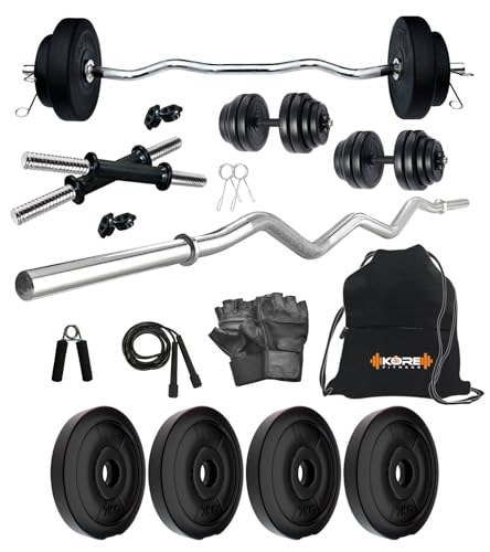 Kore PVC 8 Kg Home Gym Set with One 3 Ft Curl and One Pair Dumbbell Rods with Gym Accessories, Black