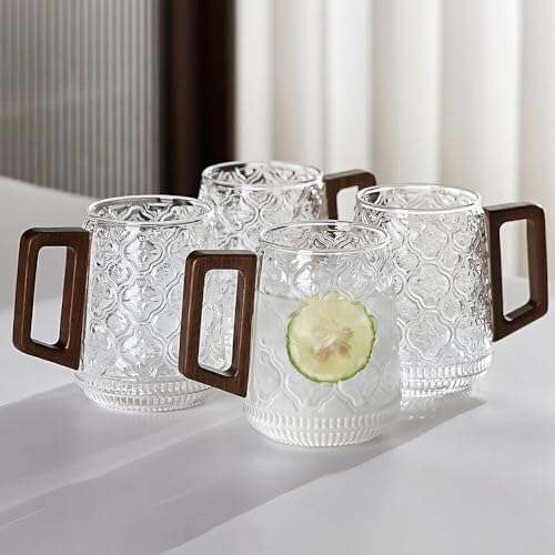 IwaiLoft 美しい佇まい 耐熱ガラス 350ml グラス ガラスマグ ガラスカップ コップ コーヒーカップ コーヒーマグ かわいい モーニング ティーグラス 冷茶グラス 電子レンジOK カフェコーヒー器具 来客用 誕生日プレゼント お祝い 木の持ち手