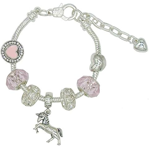 Rayroger Girls Unicorn Bracelet, Sweet Pink Crystal Beads Sliver Heart Charm Bracelet Unicorn Jewelry Gifts Cover