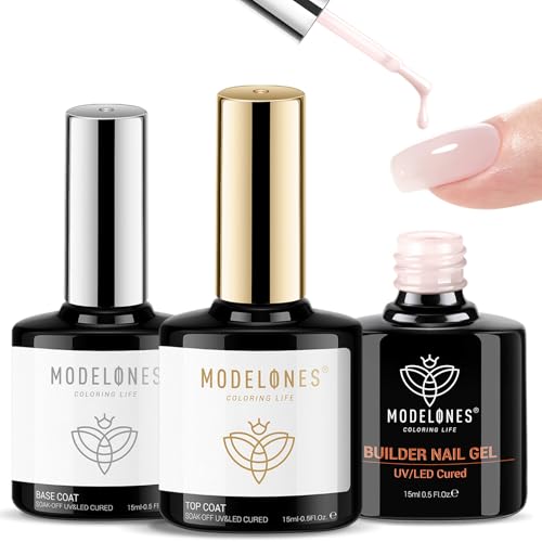Image of modelones Top Coat with Builder Nail Gel, Nude Pink Color Builder Top Nail Kit for Apex Building Thickening Extension, LED Lamp Cured Color Base Shine Finish Top Coat 10ml Home DIY Salon