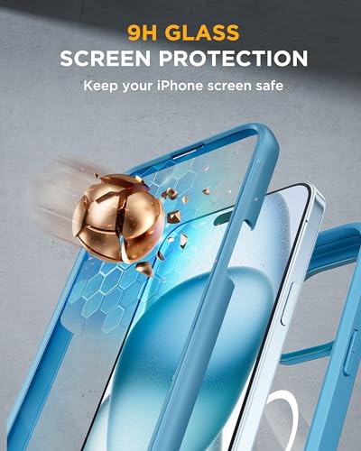 Image of Miracase Glass Series for iPhone 15 Case [Compatible with MagSafe] Full-Body Magnetic Bumper Case with Built-in 9H Tempered Glass Anti-Fingerprint Screen Protector + Camera Lens Protector, Sea Blue