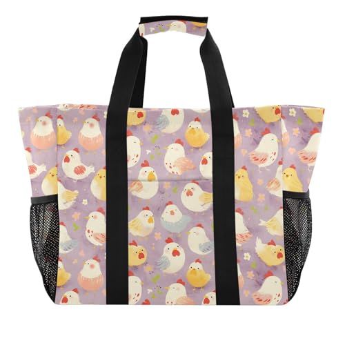 linqin Cute Chickens Flower Pink Utility Tote Bag for Women with Handles Foldable Grocery Bags Reusable Water Resistant for Laundry