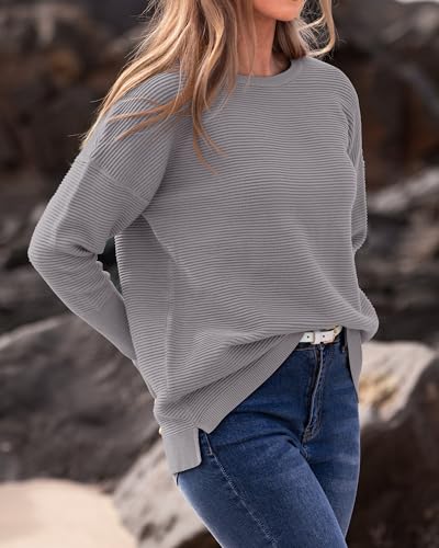 BTFBM Fall Sweaters for Women 2025 Casual Long Sleeve Sweater Striped Loose Fit Pullover Tops