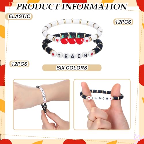 Image of Tondiamo Back to School Gift Bulk for Teacher Apple Pencils Bracelets Graduation Party Favor End of Year Gift Clay Beaded Bracelets for Teachers Thank You Gifts