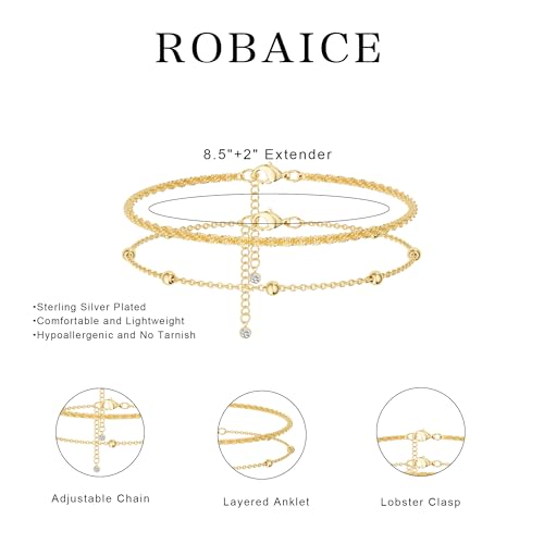 Image of Robaice Ankle Bracelets for Women, Glitter Waterproof Adjustable Anklet for Women, 14K Gold Plated /Sterling Silver Layered Anklets, Summer Beach Anklet Jewelry for Women Gift