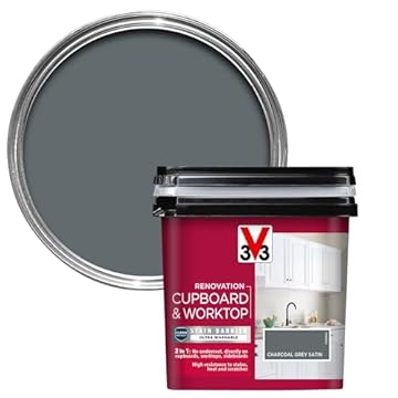 V33 Renovation Cupboard & Worktop Paint - No Undercoat Needed - High Resistance To Water Stains & Scratches - Ultra Washable - Charcoal Grey Satin 750ml
