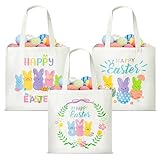 Zainpe 3Pcs Easter Gift Canvas Bags Egg Bunny Tote Treat Bags with Handle for Kids, Reusable Large Capacity Handbag Happy Easter Baskets Trick Handbags Spring Party Favor Supplies