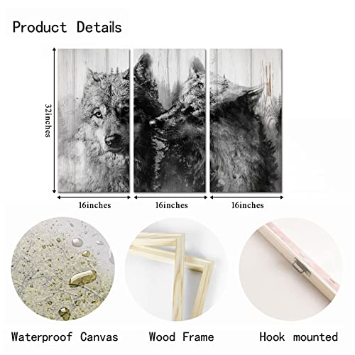 Ouelegent 3 Panel Wolf Couple Canvas Wall Art Rustic Wildlife Animal Picture Paintings Black And White Wolves Prints Artwork For Living Room Bedroom Bathroom Home Decor Ready To Hang #TOP5