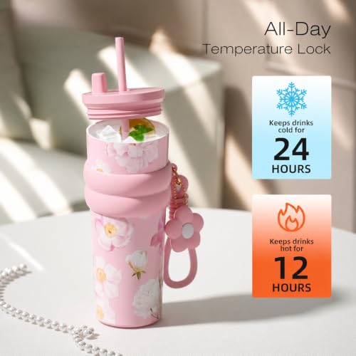 Image of Pink Floral Tumbler for Women, Stainless Steel Tumbler 710 ml, Birthday Graduation Gifts for Women Mom Sister Best Friends, Pink Floral Travel Coffee Gift Gym Travel Yoga Cup
