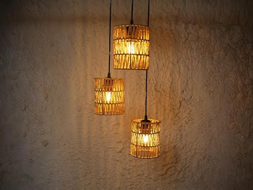Image of Ikari Homes Rattan Chandelier 3 in1 Pendant Light, Natural Beige, Boho Style, E27 Base, Chandelier for living Room I Dining I Bedroom I Balcony I Adjustable Wire - (Bulbs not included) (Zig Zag Plain)
