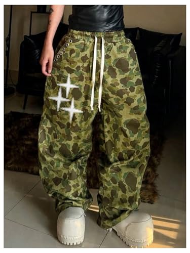 Men's Camo Baggy Pants Y2K Streetwear Drawstring Wide Leg Track Pants Loose Trousers3