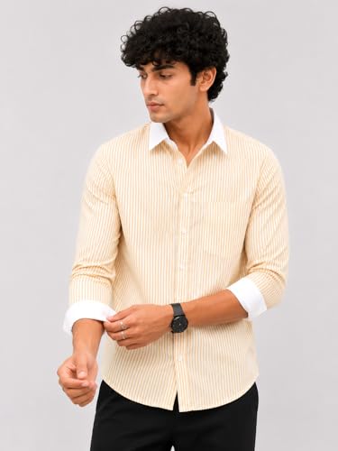 Image of Men's Striped Casual Shirt | White Collar & White Cuff Design | Full Sleeve Cotton Blend Shirt for Men | Slim Fit Stylish Casual Wear