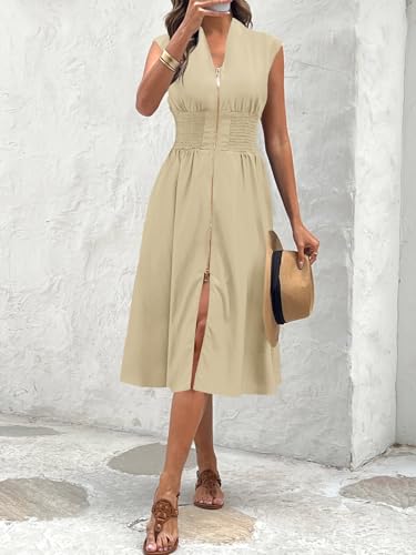 Image of Wenrine Womens Smocked Midi Dress Zipper V Neck Long Summer Dresses | zip front, empire waist, cap sleeve, flowy, a line, high slit, casual midi dress