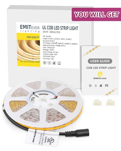 Image of EMITEVER COB LED Strip Lights Warm White, 24V 2700K Tape Light Premium High Density 25ft, 300+Lumens /ft, 3600LEDs /Spool, Ra 90+, 3W /ft, UL Listed 5 Year Warranty (Power Supply Sold Separately)