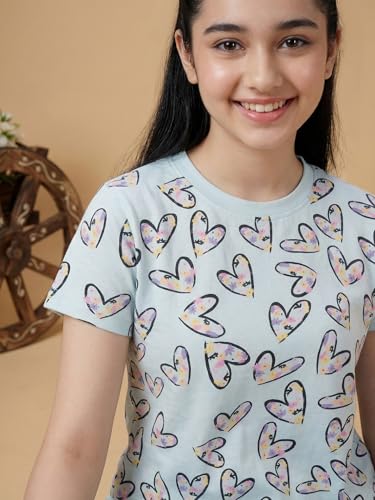 Image of Li'l Tomatoes Girls Cotton Night Suit Set | 100% Cotton Summer Co-Ord Set | Half Sleeve T-Shirt & Full Length Pajama | Soft & Breathable Printed Clothing Set | 9-16 Years