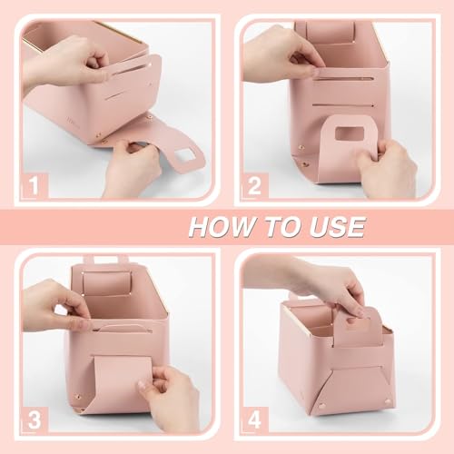 Image of Leather Portable Small Storage Basket for Desktop, Rectangle Decorative Box with Two Handles for Organizing, Storage Bin for Snack Sundries Cosmetics Stationery, 9.45''L5.5''W5.12''H (Pink)
