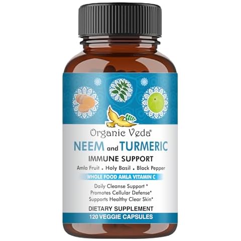 Organic Veda Neem & Turmeric Capsules with Amla Fruit, Tulsi, Holy Basil, Black Pepper Extract - Immune Support Dietary Supplement - Boosts Healthy Clear Skin & Cellular Defense - 120 Vegan Capsules Cover