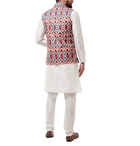 Image of SOJANYA (Since 1958, Men's Silk Blend Pink Kurta Pyjama & Printed Nehrujacket Combo