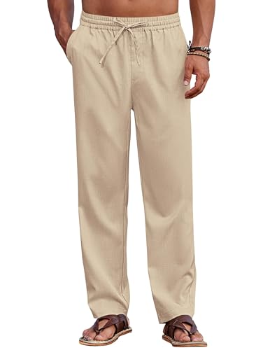 COOFANDY Pantalones Largos para Hombre con Banda EláStica Pantalones De Verano Pantalones De Ocio Pantalones Tela Playa MonocromáTicos con Bolsillos Pantalones Caqui L